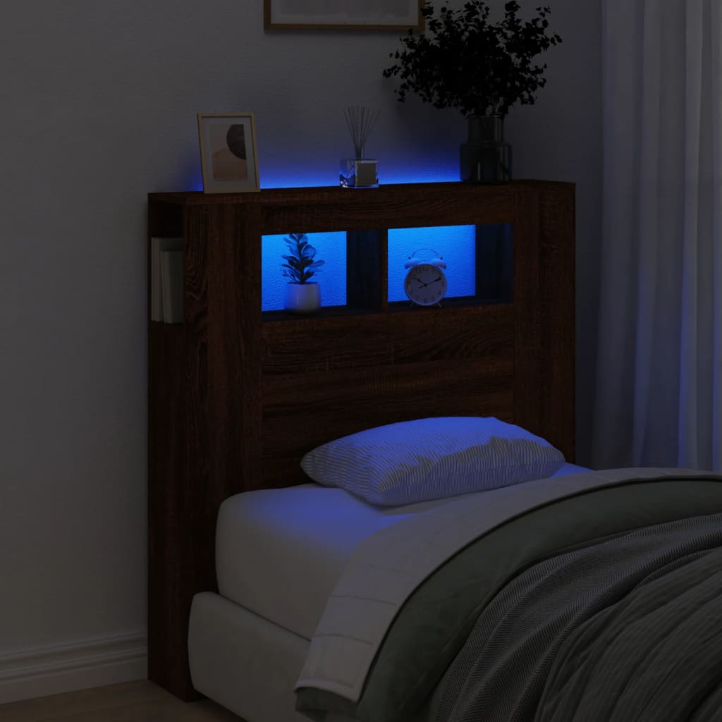 Sängynpääty LED-valoilla ruskea tammi 100x18,5x103,5 cm puu