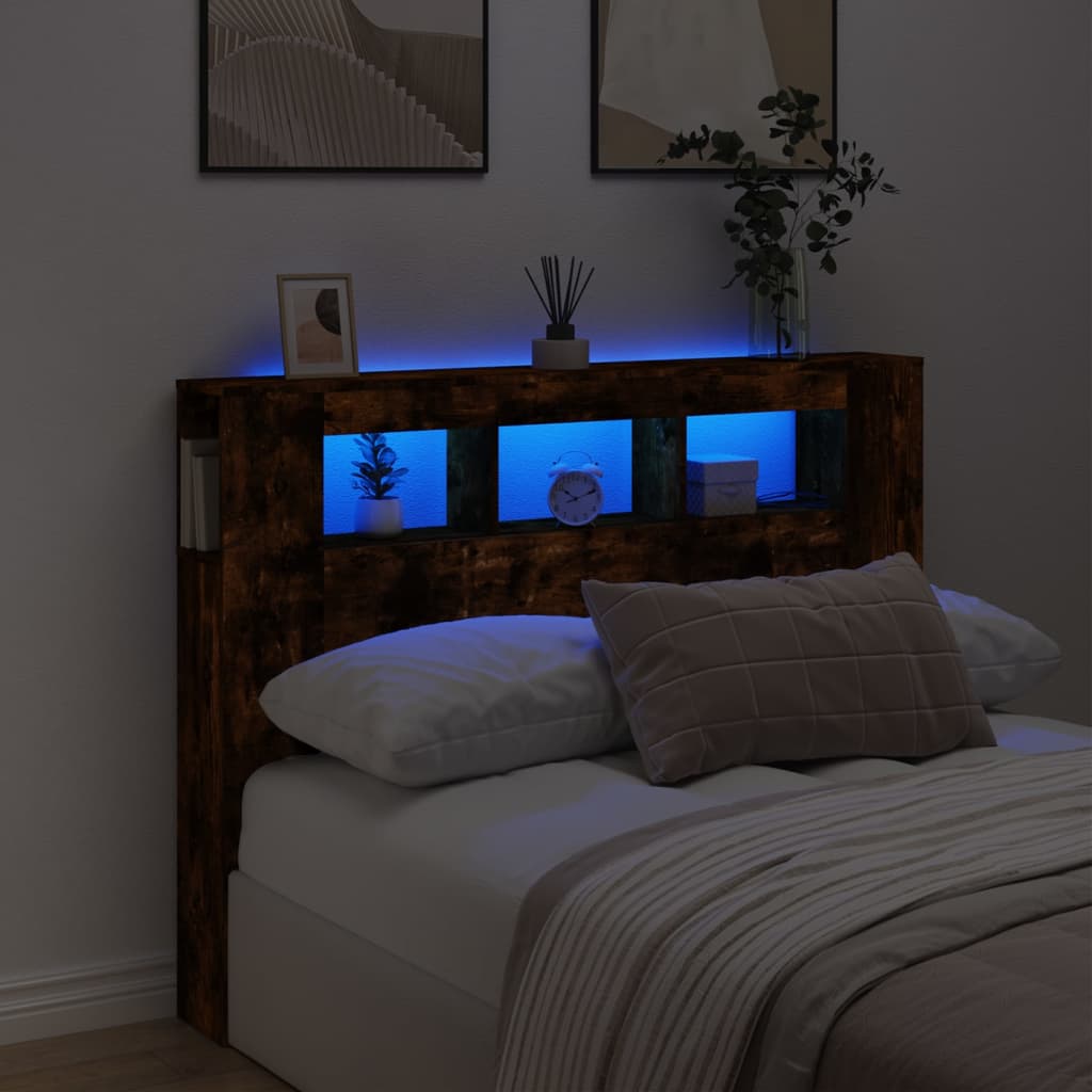 Sängynpääty LED-valoilla savutammi 140x18,5x103,5 cm puu