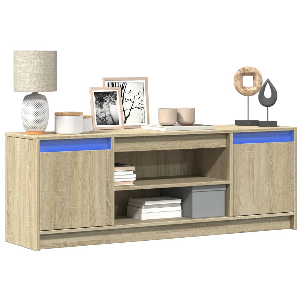 TV-taso LED-valoilla Sonoma-tammi 139,5x34x50 cm tekninen puu