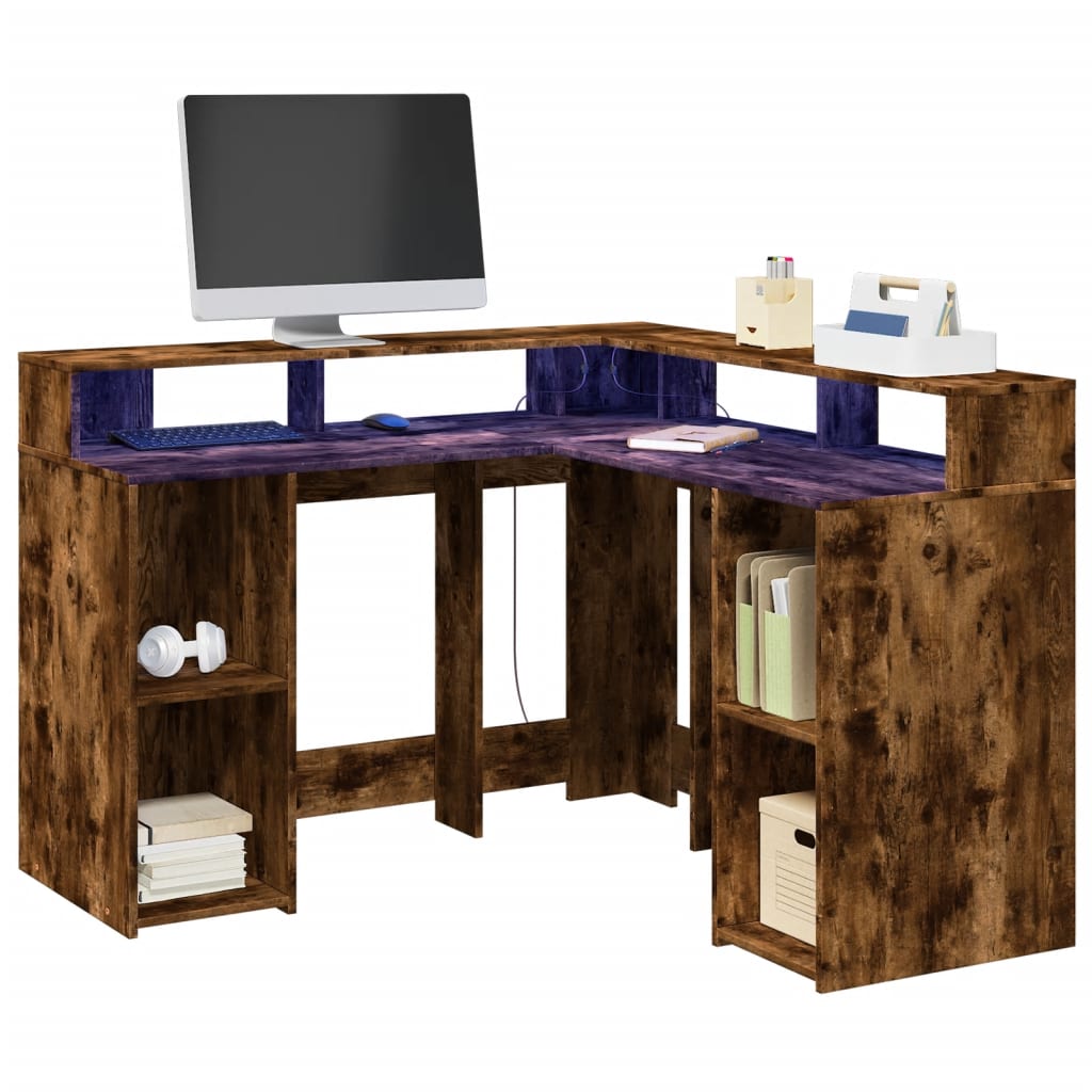 Työpöytä LED-valoilla savutammi 130x130x91 cm tekninen puu