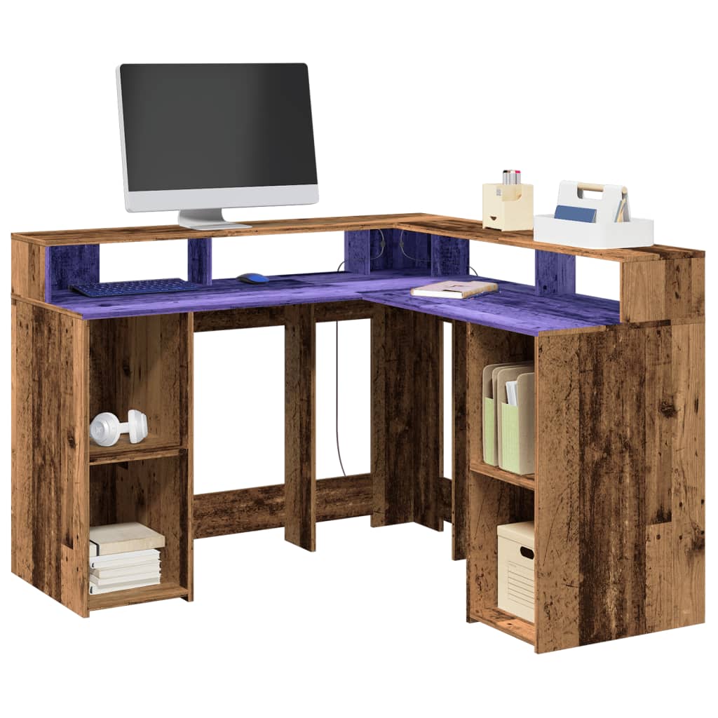 Työpöytä LED-valoilla vanha puu 130x130x91 cm tekninen puu