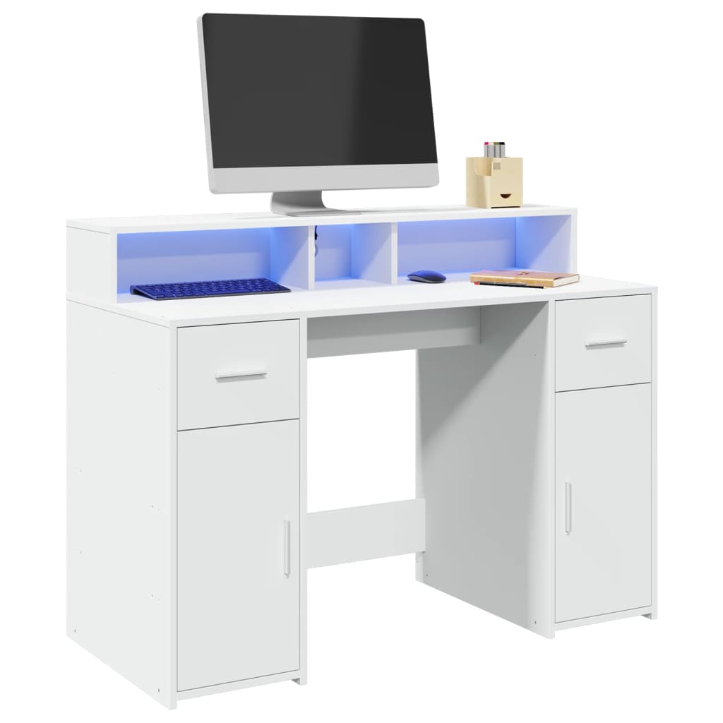 Työpöytä LED-valoilla valkoinen 120x55x91 cm tekninen puu