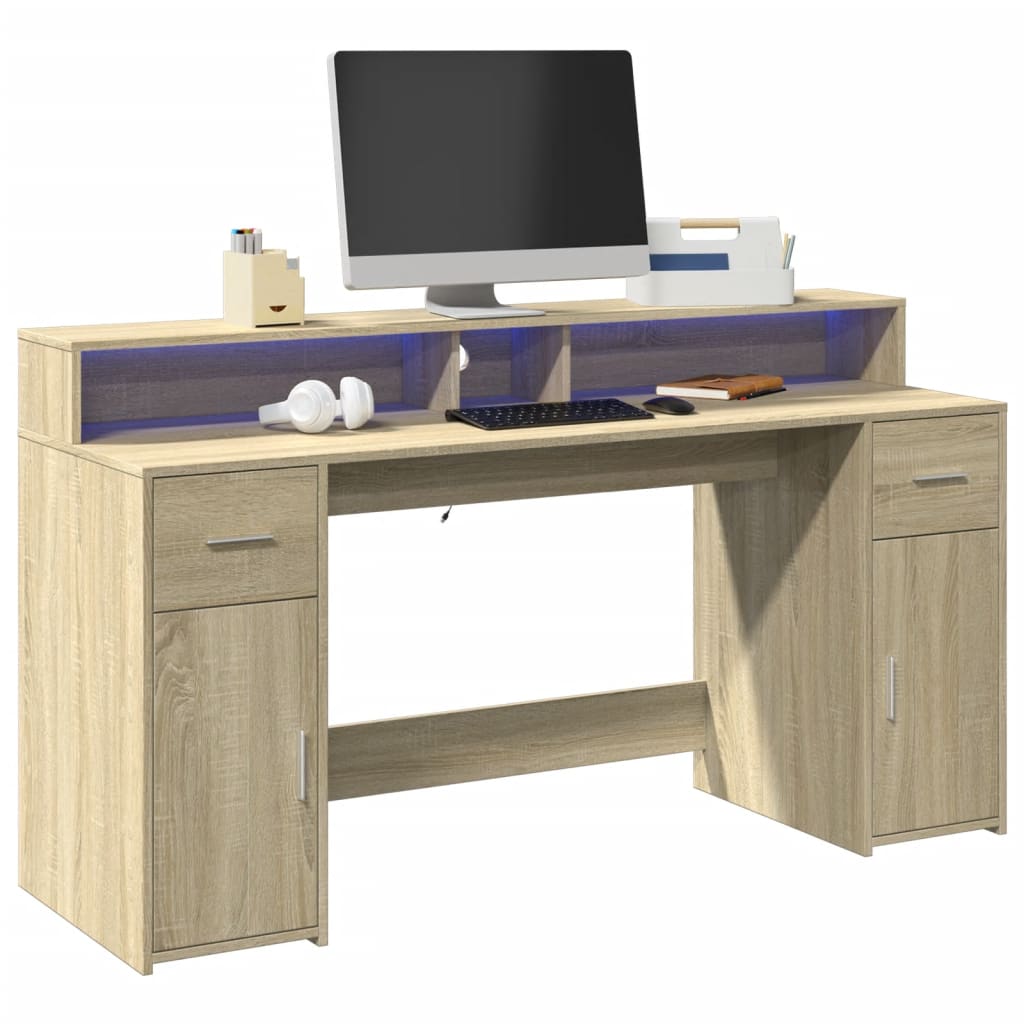 Työpöytä LED-valoilla Sonoma-tammi 160x55x91 cm tekninen puu