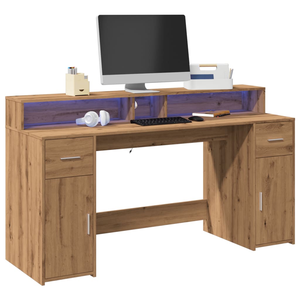 Työpöytä LED-valoilla artesaani tammi 160x55x91 cm tekninen puu