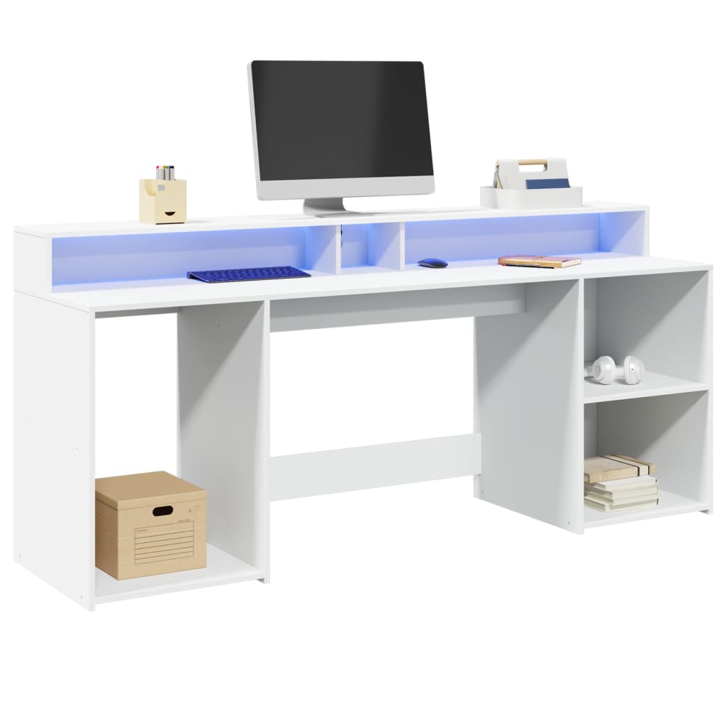 Työpöytä LED-valoilla valkoinen 200x55x91 cm tekninen puu