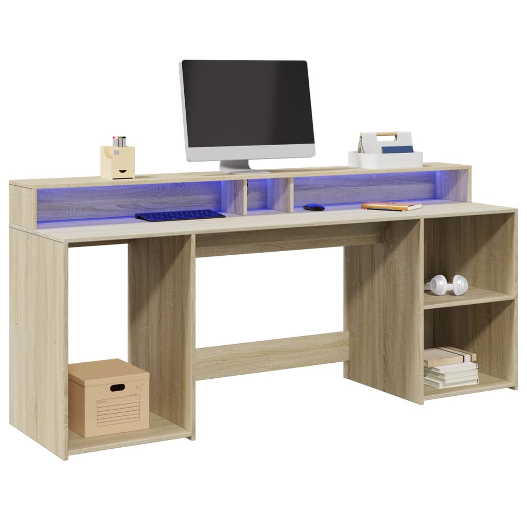 Työpöytä LED-valoilla Sonoma-tammi 200x55x91 cm tekninen puu