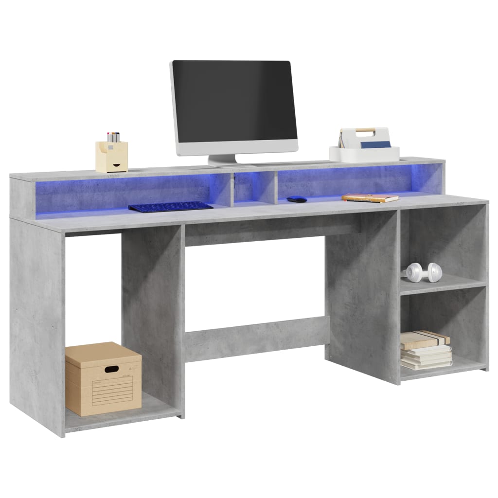 Työpöytä LED-valoilla betoninharmaa 200x55x91 cm tekninen puu