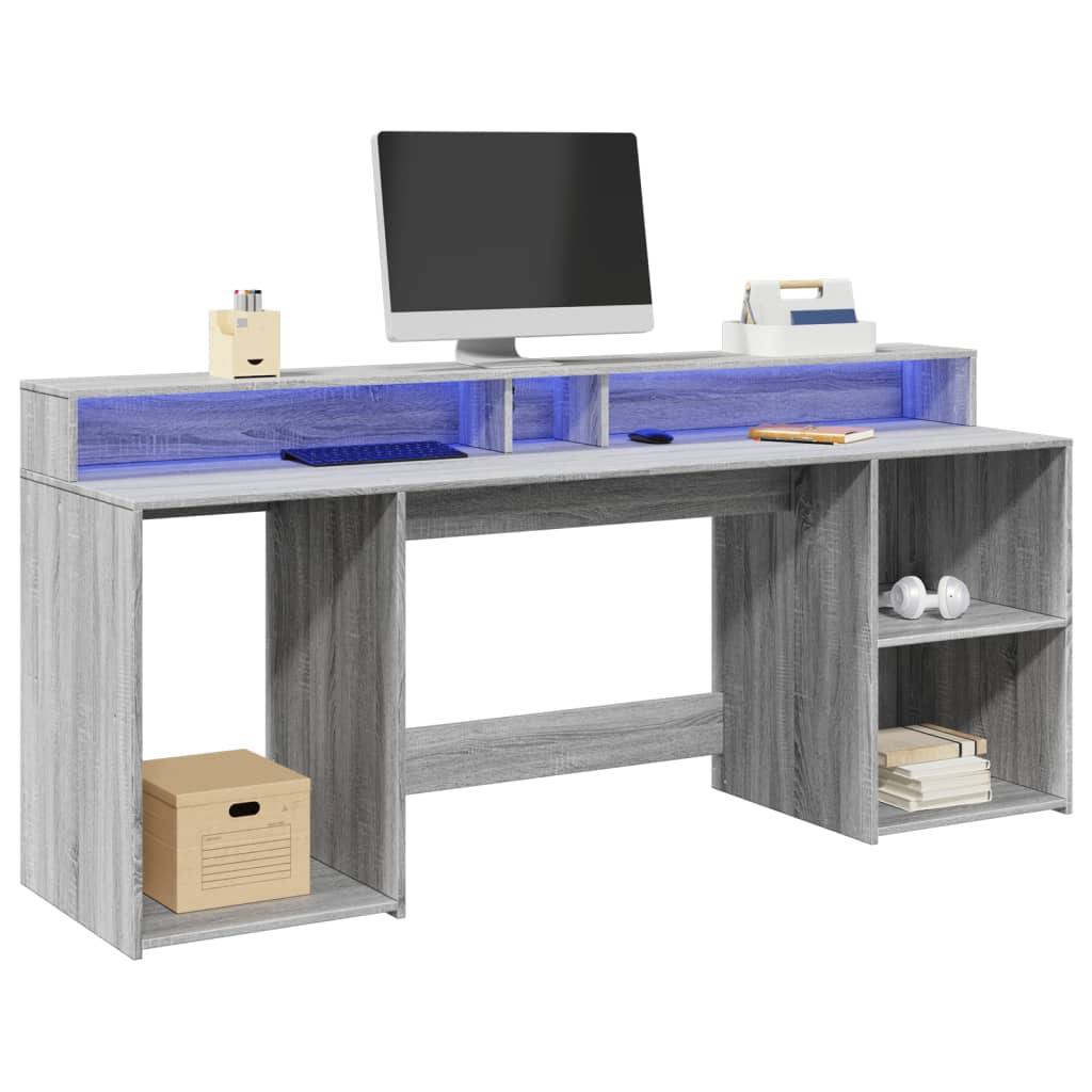 Työpöytä LED-valoilla harmaa Sonoma 200x55x91 cm tekninen puu