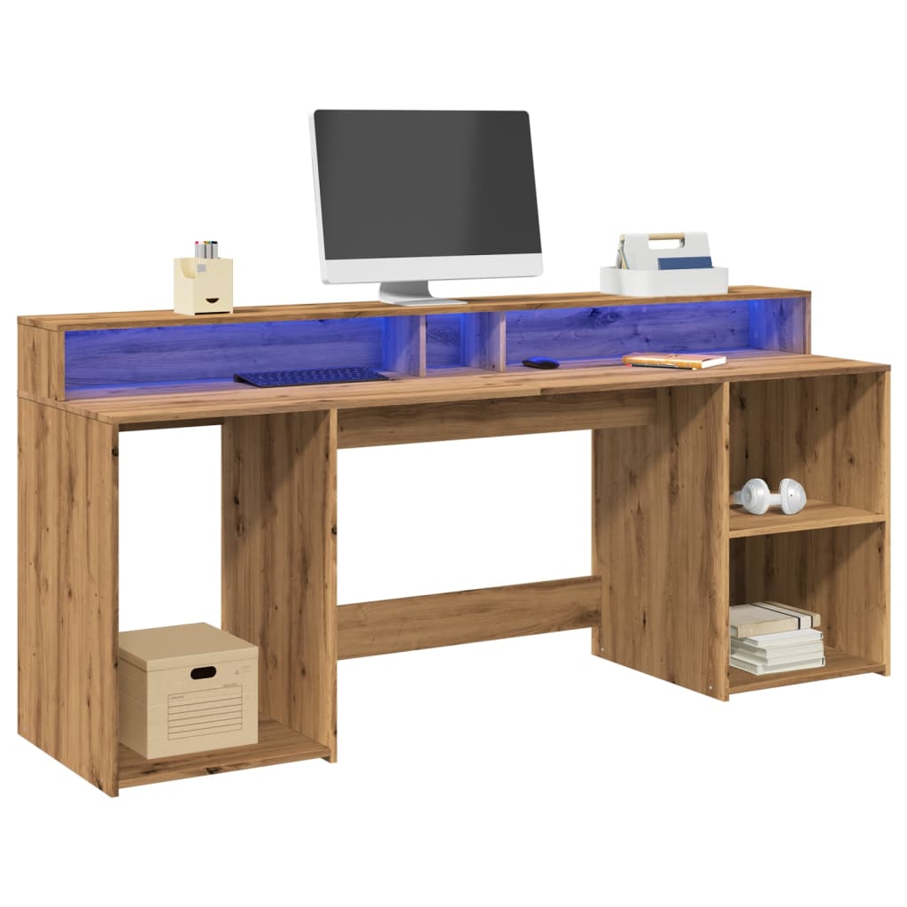 Työpöytä LED-valoilla artesaani tammi 200x55x91 cm tekninen puu