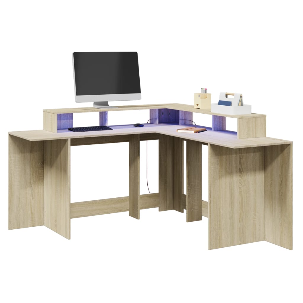 Työpöytä LED-valoilla Sonoma-tammi 152x152x91 cm tekninen puu