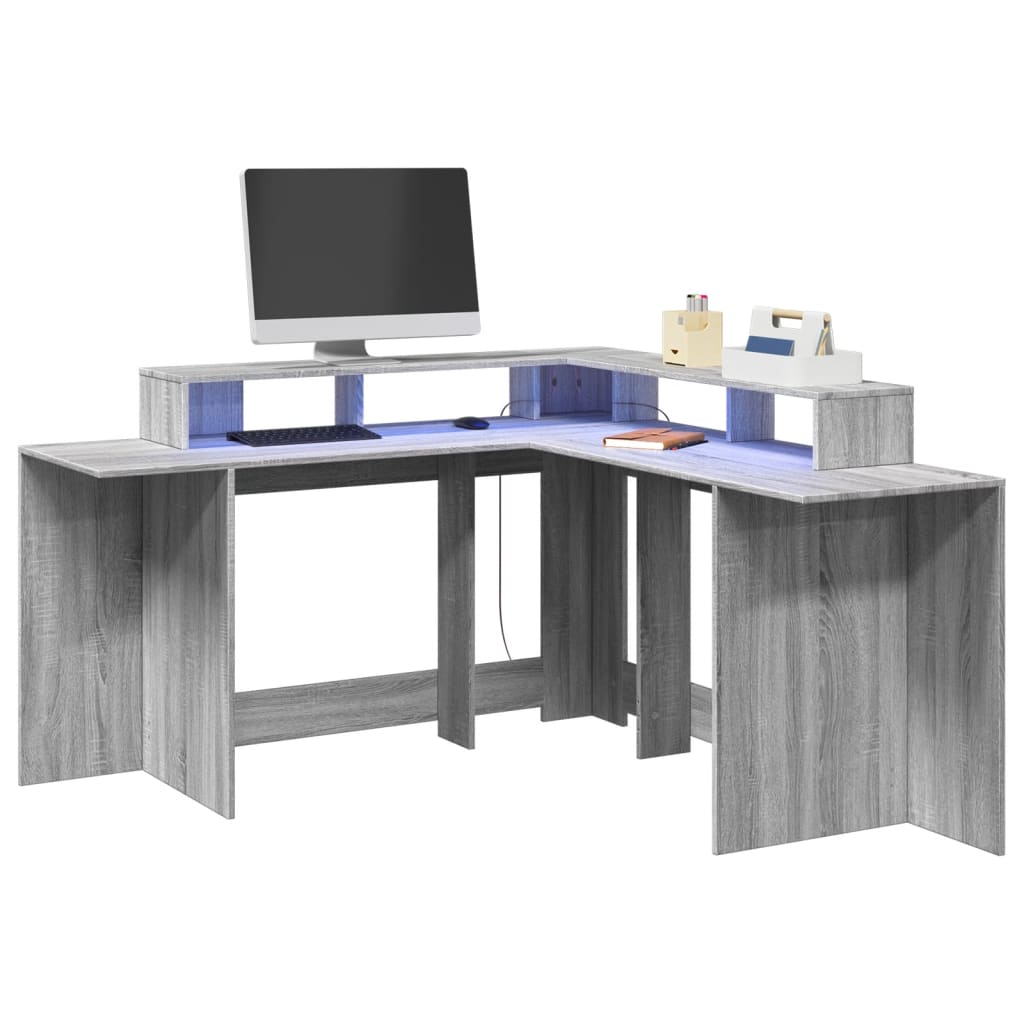 Työpöytä LED-valoilla harmaa Sonoma 152x152x91 cm tekninen puu