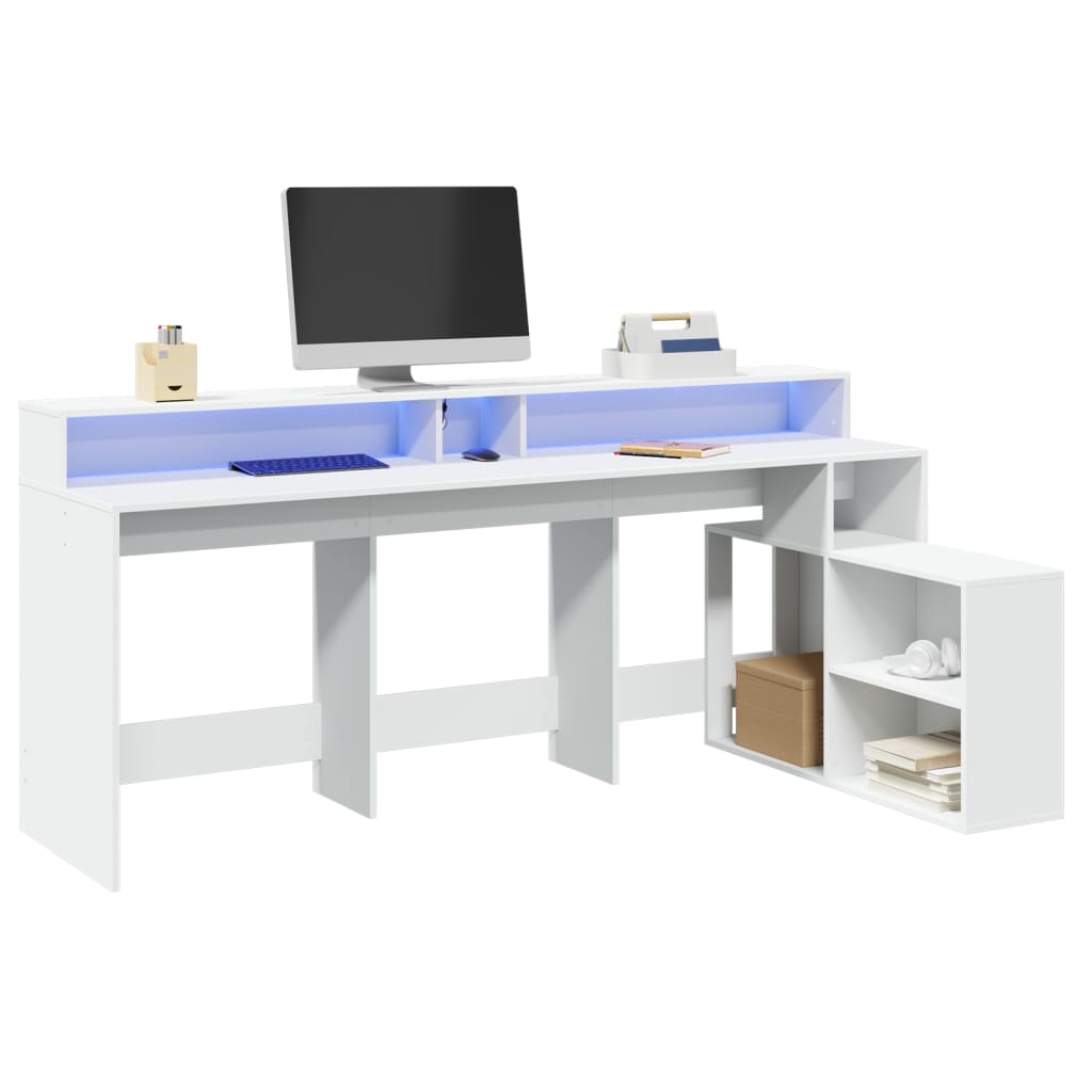 Työpöytä LED-valoilla valkoinen 200x104x91 cm tekninen puu