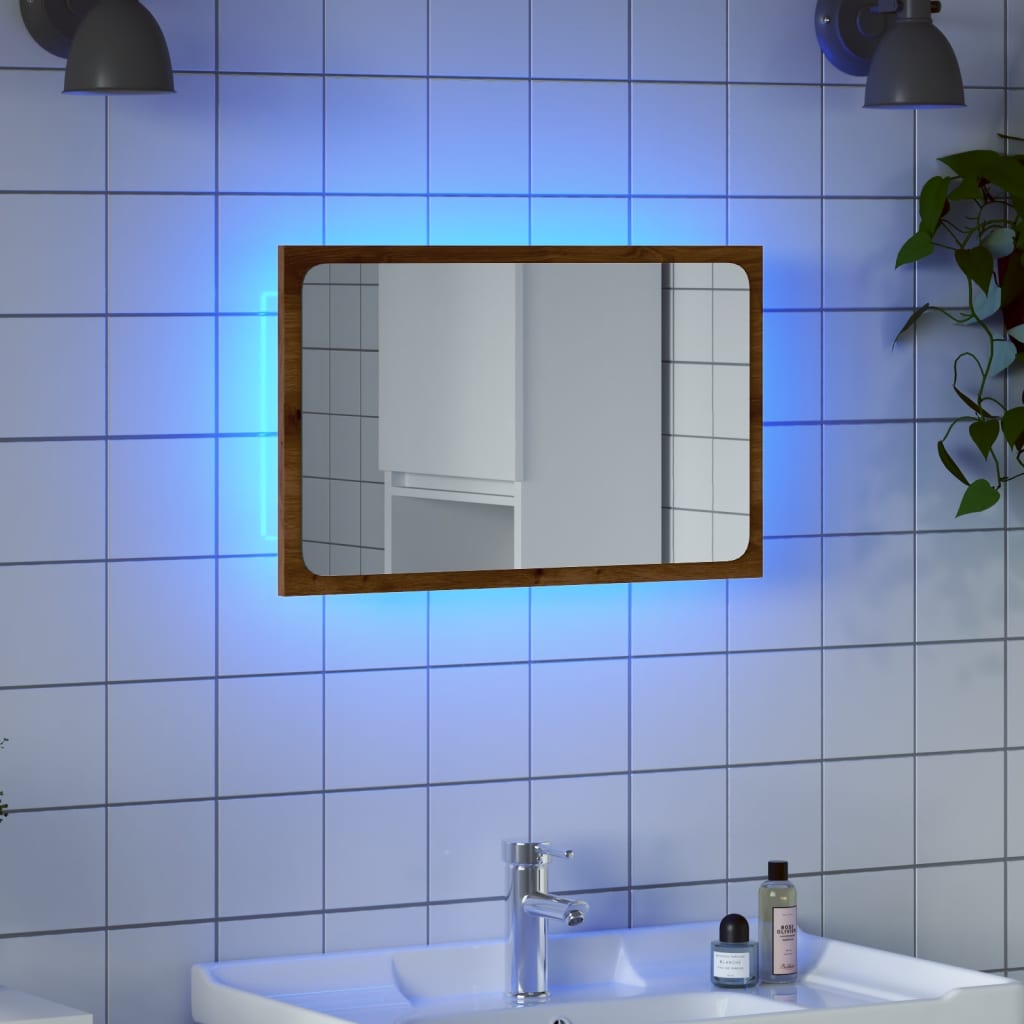 Kylpyhuoneen peili LED-valoilla artesaani tammi 60x8,5x38 cm