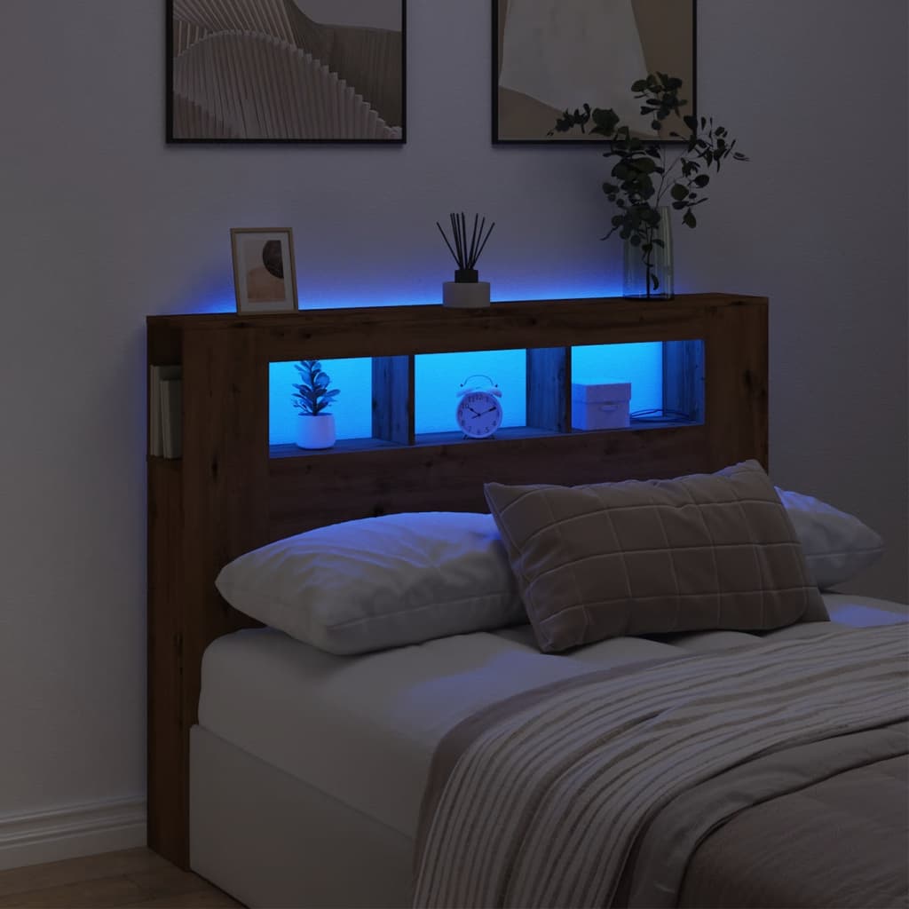 Sängynpääty LED-valot artesaani tammi 140x18,5x103,5 cm puu