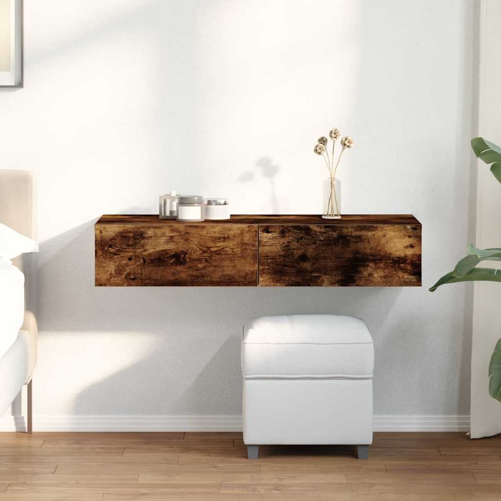 Seinähylly laatikoilla savutammi 100x36x19 cm tekninen puu