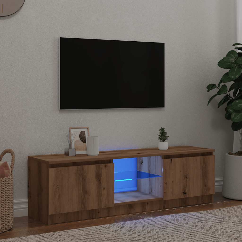 TV-kaappi LED-valoilla käsityöläinen tammi tekninen puu