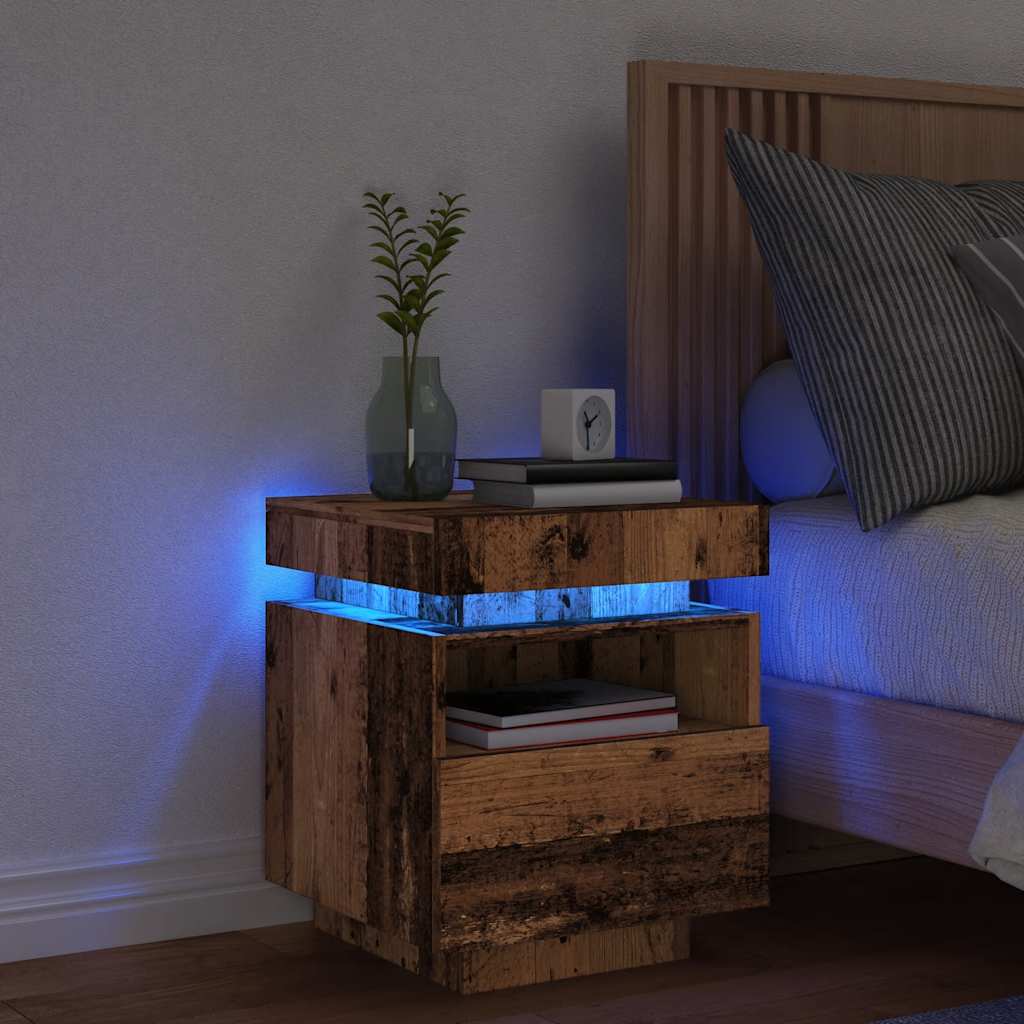 Yöpöytä LED-valoilla vanhaa puuta 40x39x48,5 cm