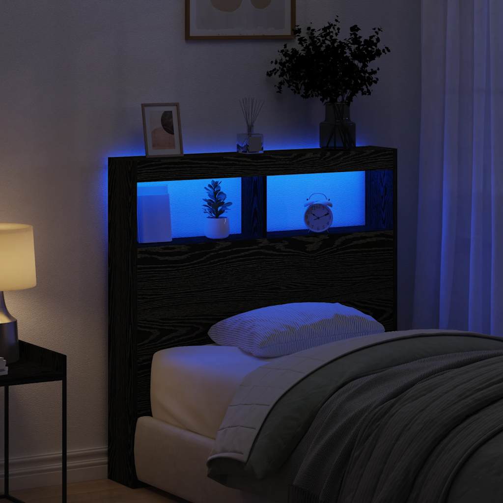 Sängynpäätykaappi LED-valoilla musta tammi 100x17x102 cm