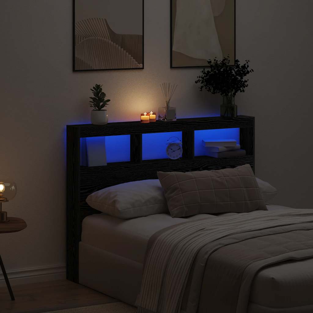 Sängynpäätykaappi LED-valoilla musta tammi 140x17x102 cm