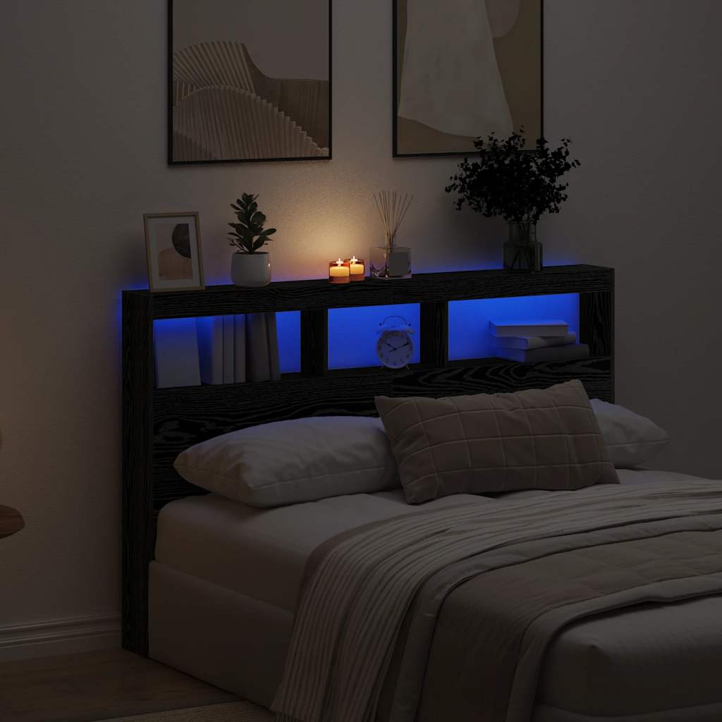 Sängynpäätykaappi LED-valoilla musta tammi 160x17x102 cm