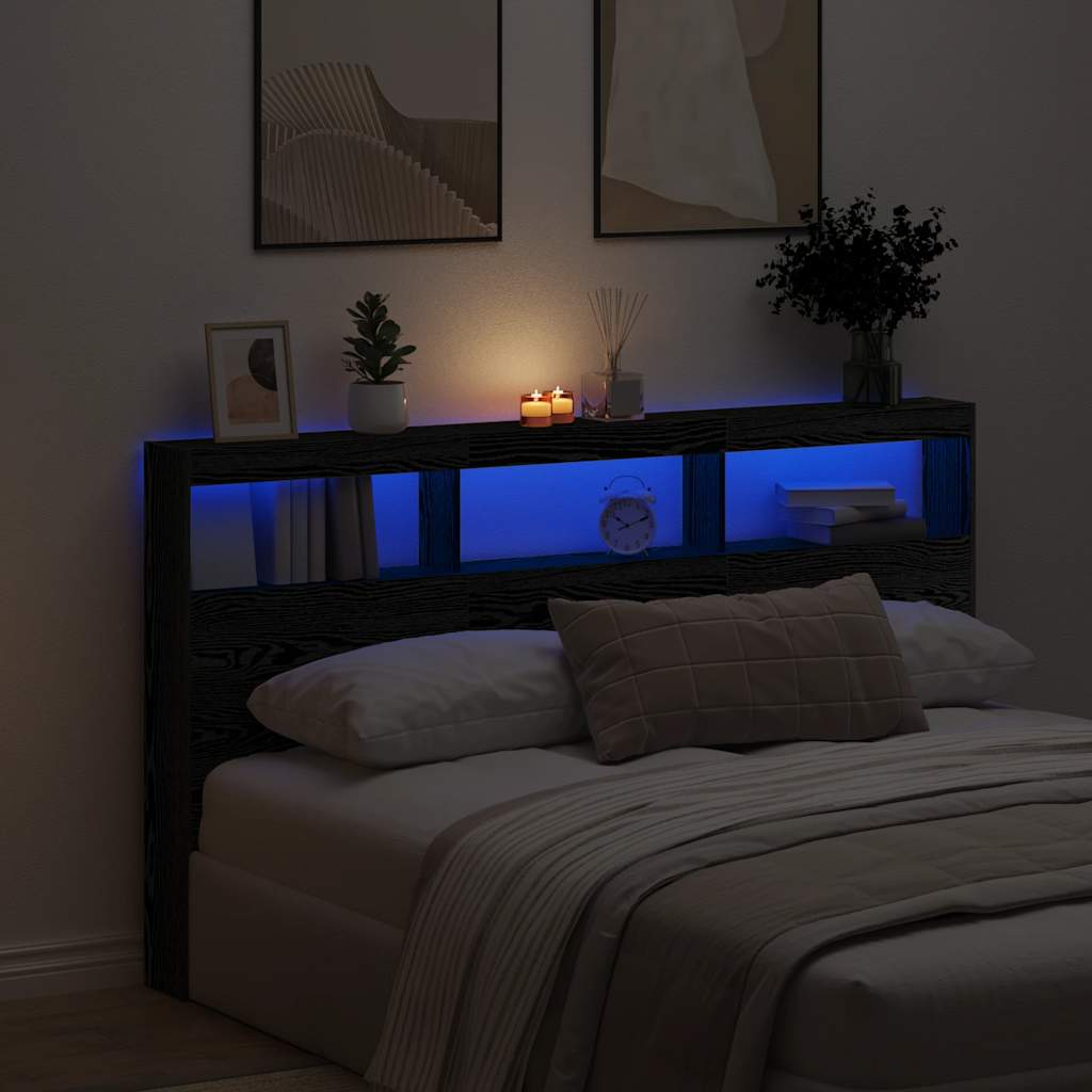 Sängynpäätykaappi LED-valoilla musta tammi 180x17x102 cm
