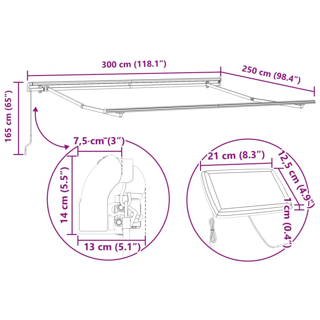 Manuaalinen Sisäänvedettävä Markiisi LED Valkoinen 300x250 cm, Markiisi Varustuskangas 3x2.5 m Runko Valkoinen - Image 12
