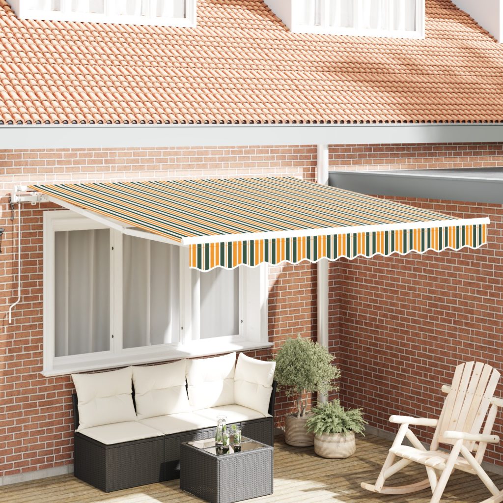 Automaattinen sisäänvedettävä markiisi vihreä ja keltainen 350x250 cm, Markiisinkorvauskangas 3.5x2.5 m kehykseen vihreä ja keltainen