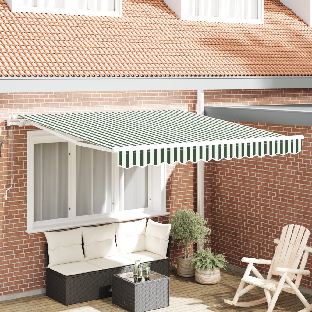 automaattisesti sisäänvedettävä markiisi vihreä-valkoinen 350x250 cm, markiisikangas 3.5x2.5 m kehykselle vihreä-valkoinen