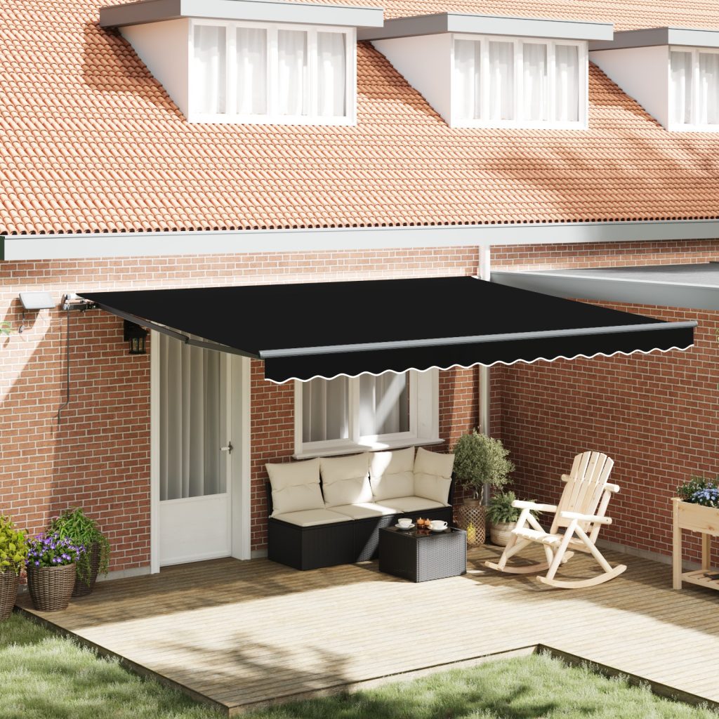 Manuaalinen sisäänvedettävä markiisi LED:llä Musta 450x350 cm, Markiisikangas 4.5x3.5 m runkoon Musta