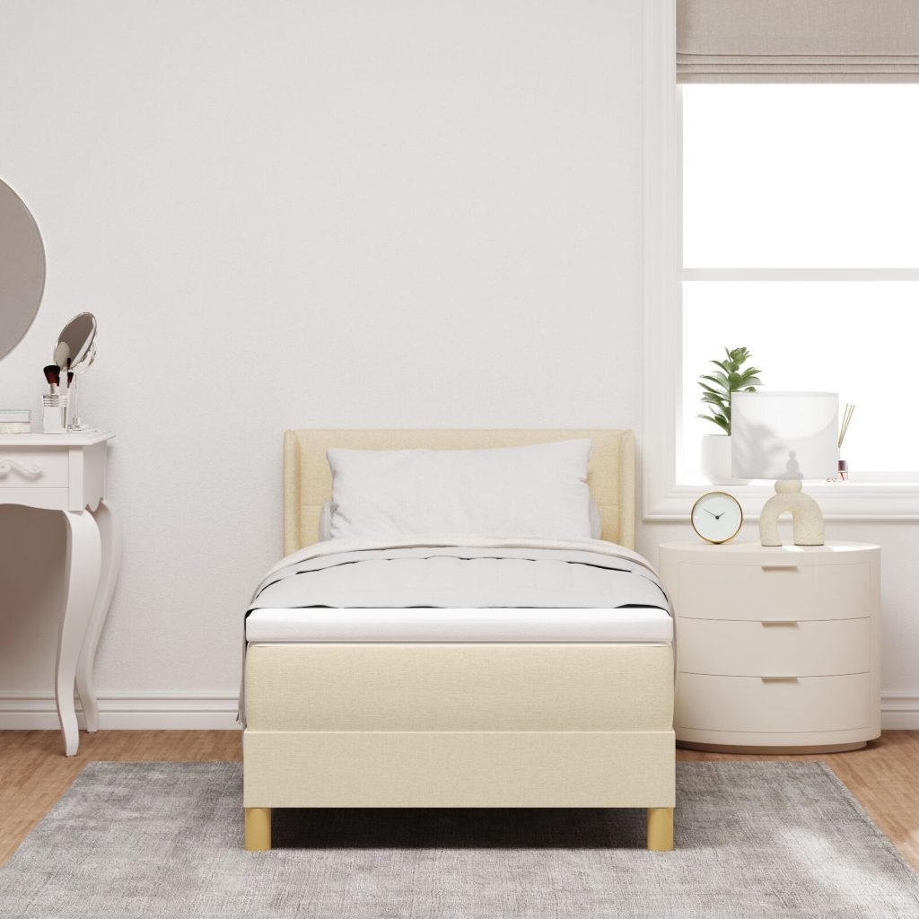 Box Spring -sänky patjalla, kerma 90x200 cm kangas, pääty nappiholkilla, kerma 90 cm kangas