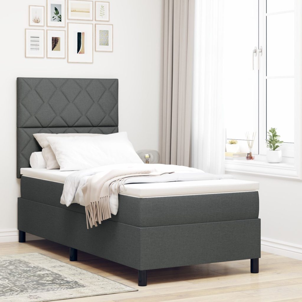 Box Spring Sänky Patjan ja LED:n kanssa Tumma Harmaa 100x200 cm Kangasta
