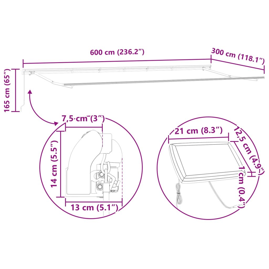Manuaalinen sisäänvedettävä markiisi LED-valoilla Valkoinen 600x300 cm, Markiisin vaihto materiaali 6x3 m runko Valkoinen - Image 11