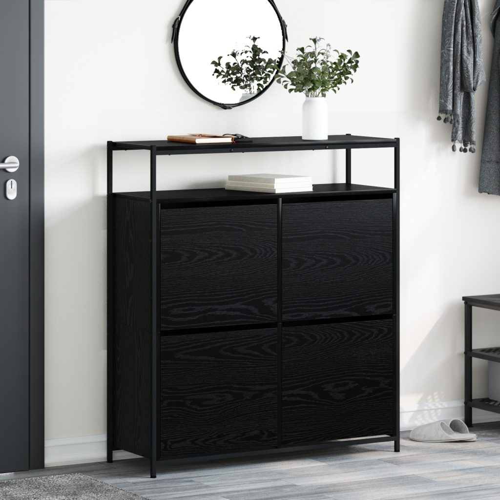 kengäteline 4 kääntyvällä laatikolla Musta tammi 100x34x112 cm
