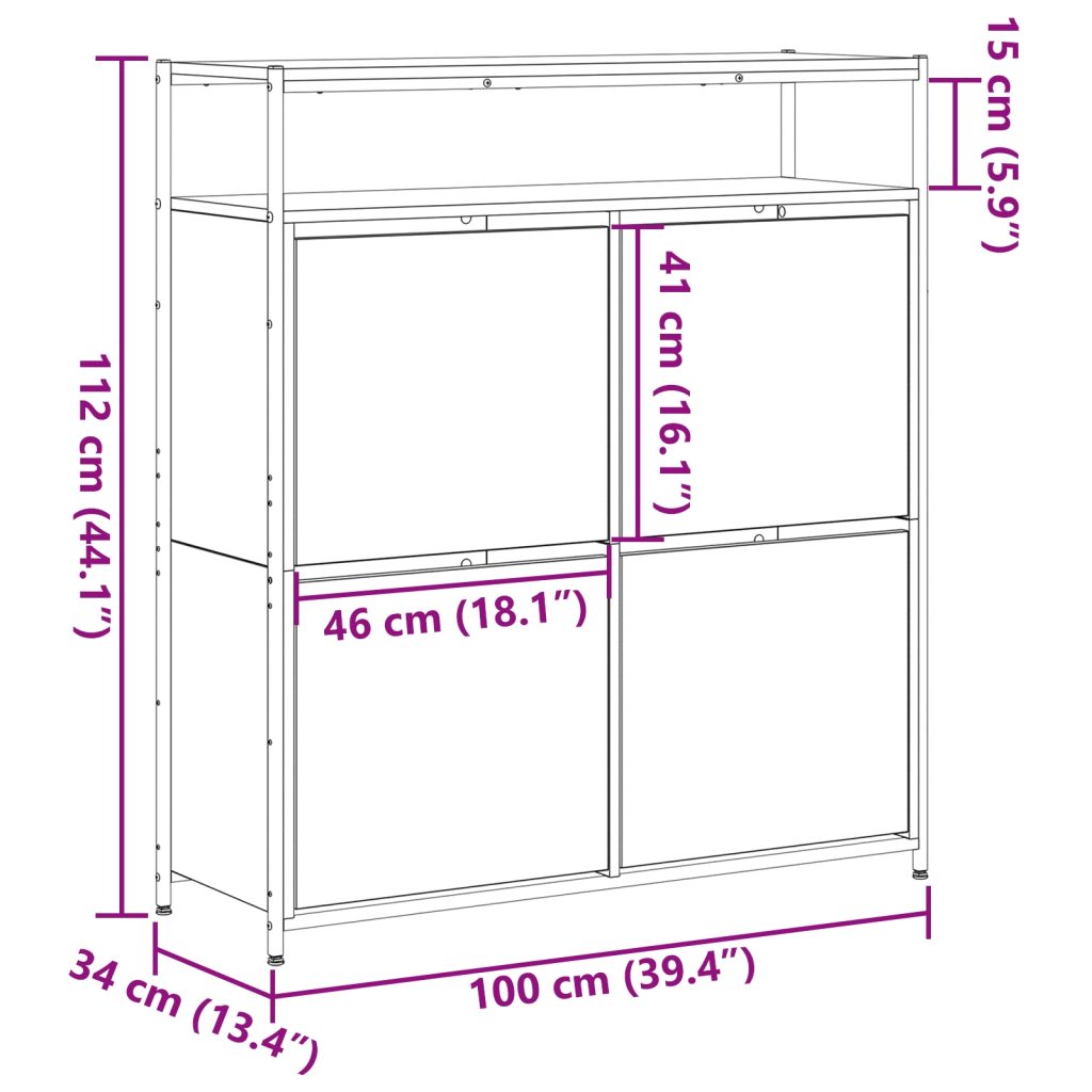 kengäteline 4 kääntyvällä laatikolla Musta tammi 100x34x112 cm - Image 12