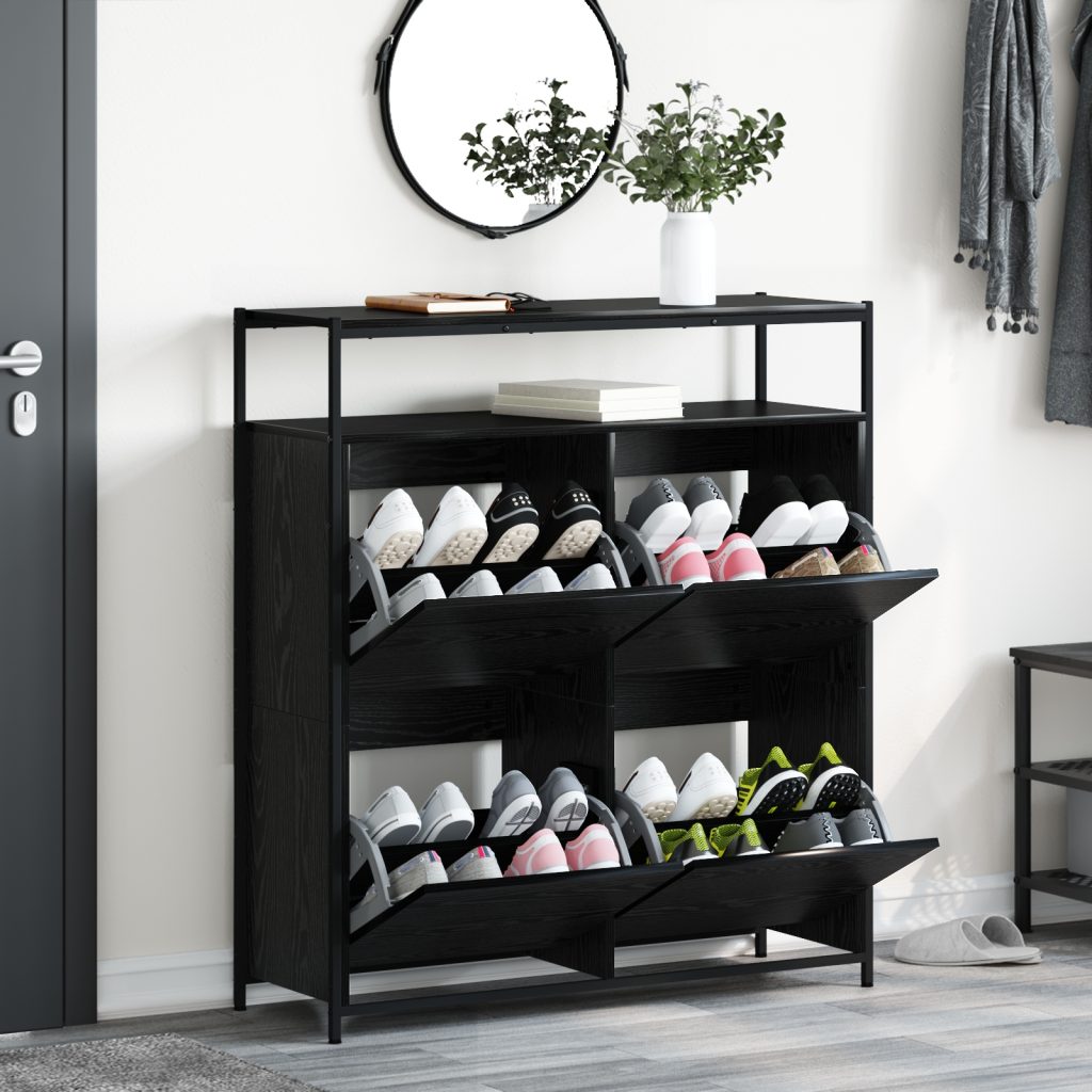 kengäteline 4 kääntyvällä laatikolla Musta tammi 100x34x112 cm - Image 4