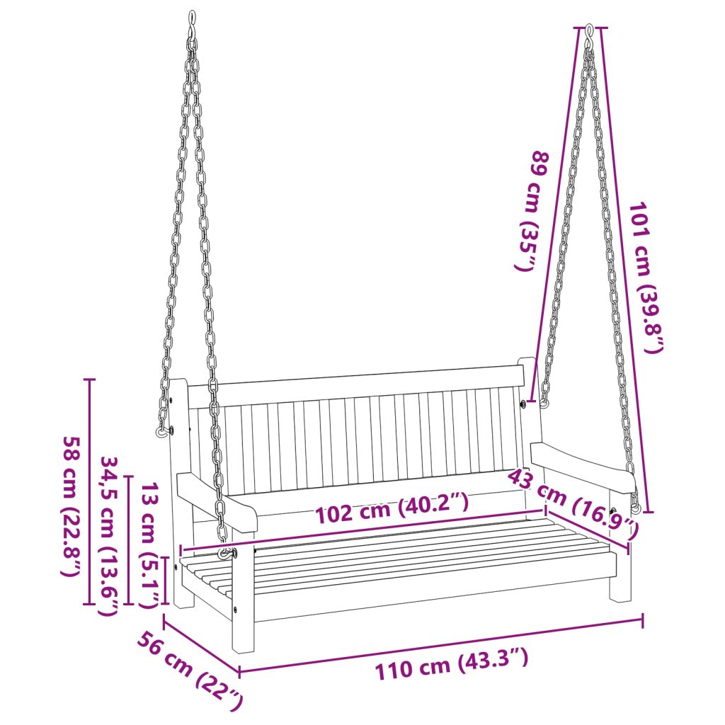 2-Hengen Puutarha Swing Penkki 110x56x58 cm Massiivinen Puu Akasia - Image 10