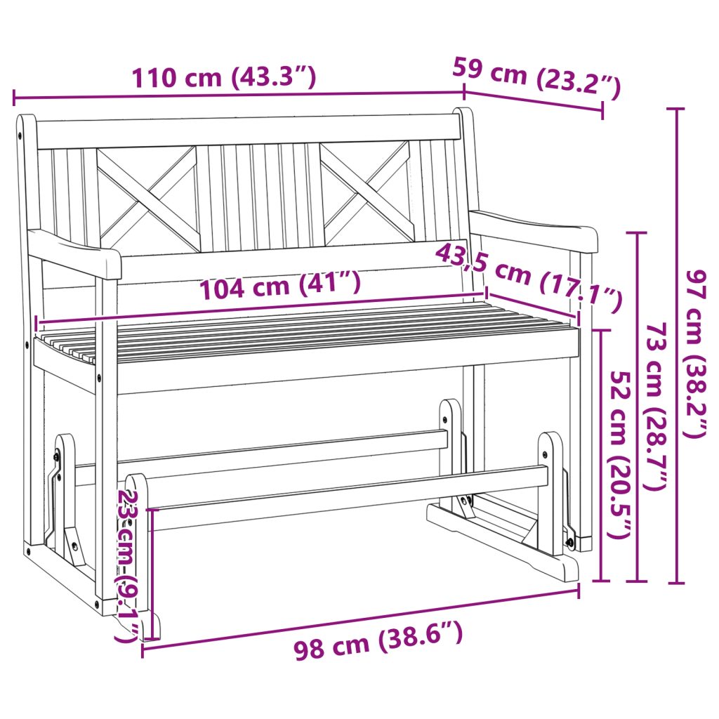 2-hengen puutarhakeinupenkki 110x59x97 cm massiivista akaasiapuuta - Image 10