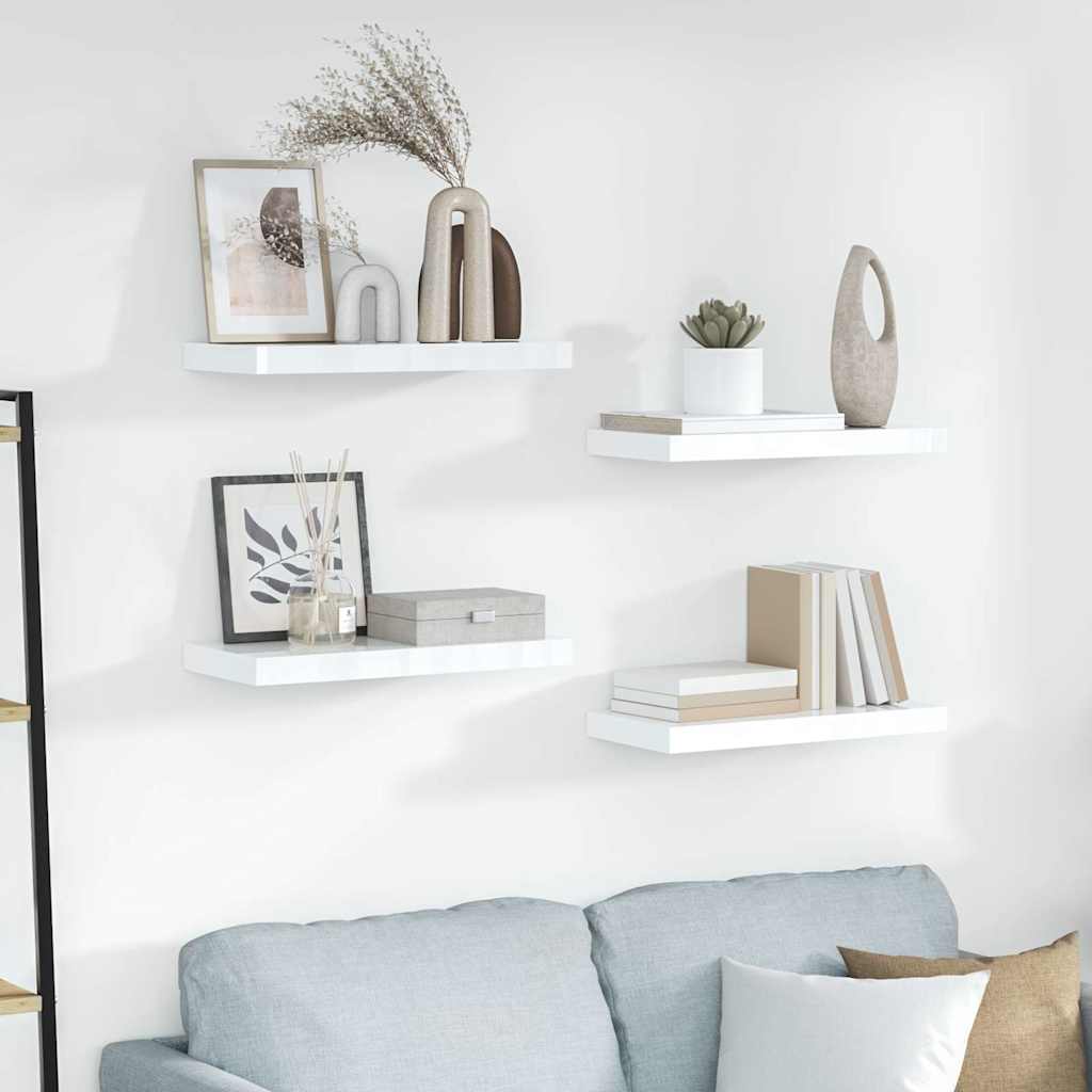 Kelluvat seinähyllyt 4 kpl korkeakiilto valk. 50x23x3,8 cm MDF