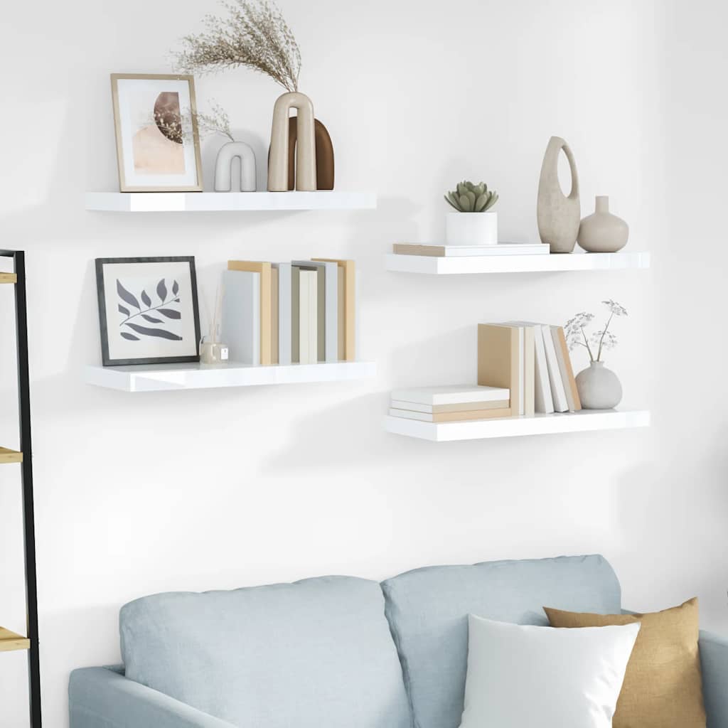 Kelluvat seinähyllyt 4 kpl korkeakiilto valk 60x23,5x3,8 cm MDF