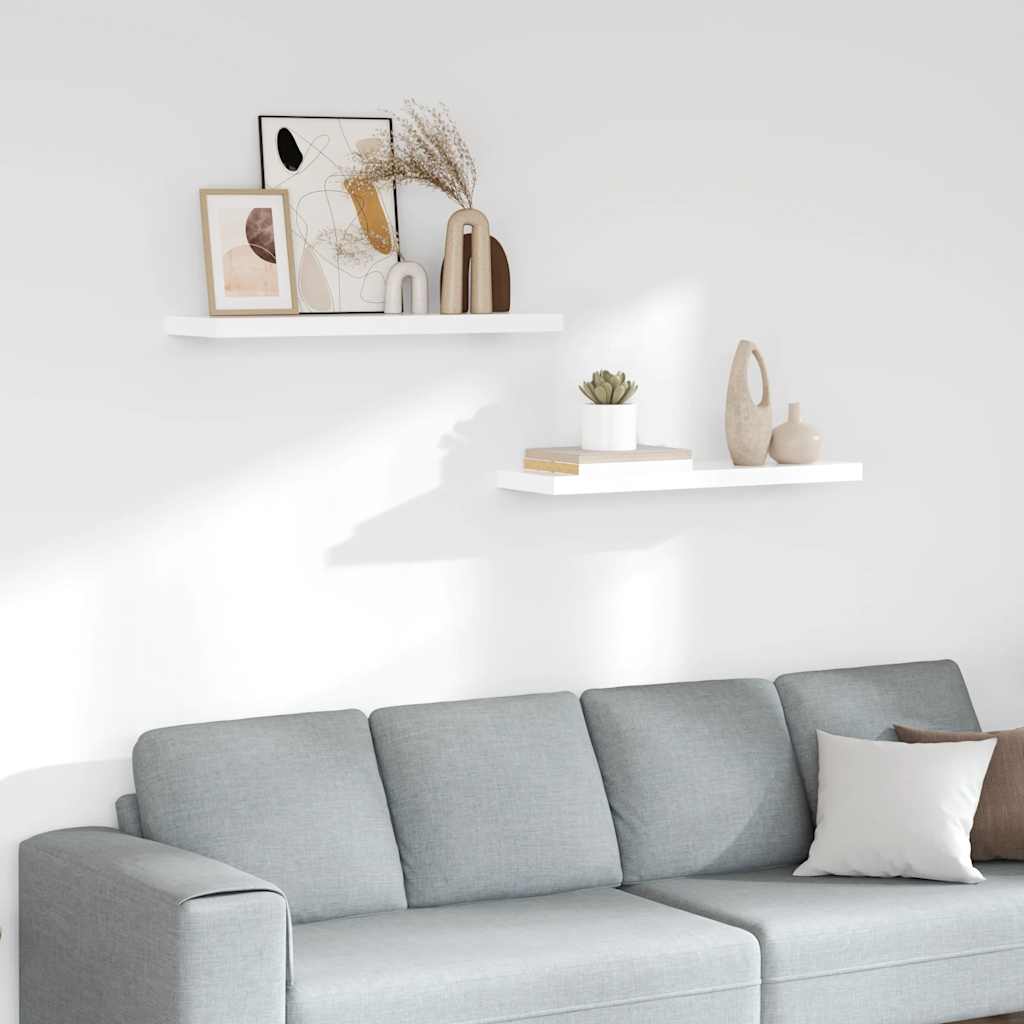 Kelluvat seinähyllyt 2kpl korkeakiilto valk. 80x23,5x3,8 cm MDF