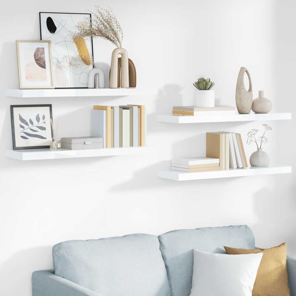 Kelluvat seinähyllyt 4 kpl korkeakiilto valk 80x23,5x3,8 cm MDF