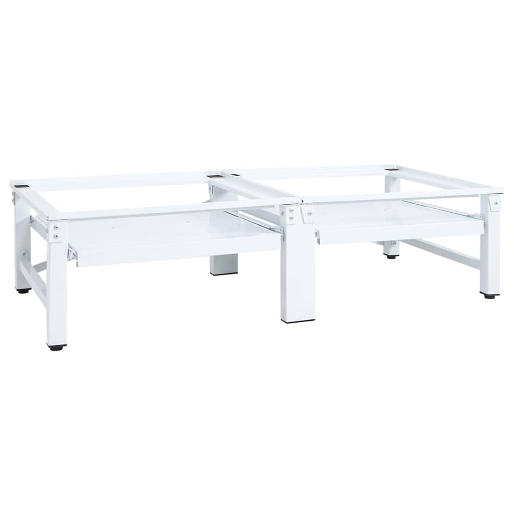 Pesukoneen ja kuivausrummun korokejalusta hyllyillä valkoinen