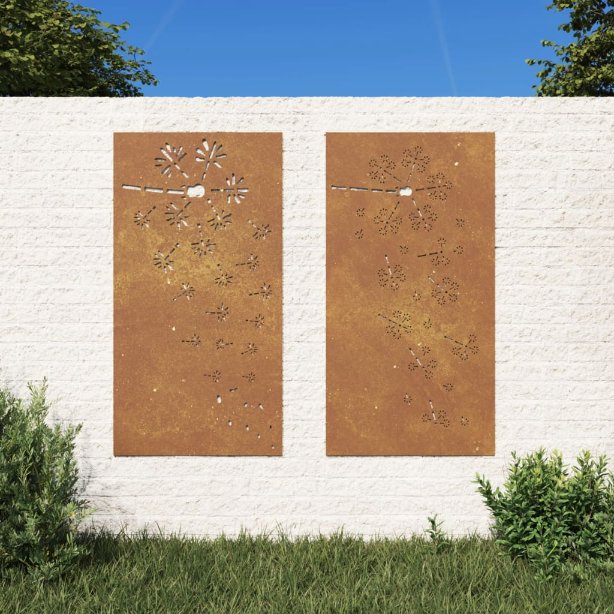 Puutarhaseinäkoristeet 2 kpl 105x55 cm corten teräs kukkakuvio