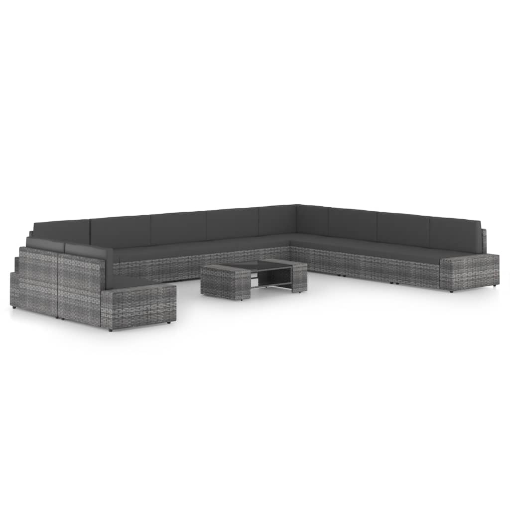 11-osainen Puutarhasohvasarja tyynyillä harmaa polyrottinki