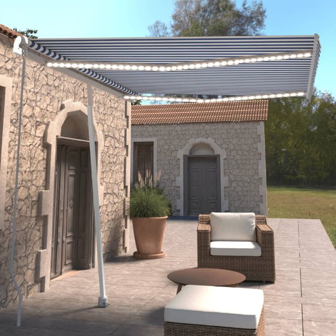 Sisäänkelattava markiisi LEDillä 300x250cm sininen ja valkoinen