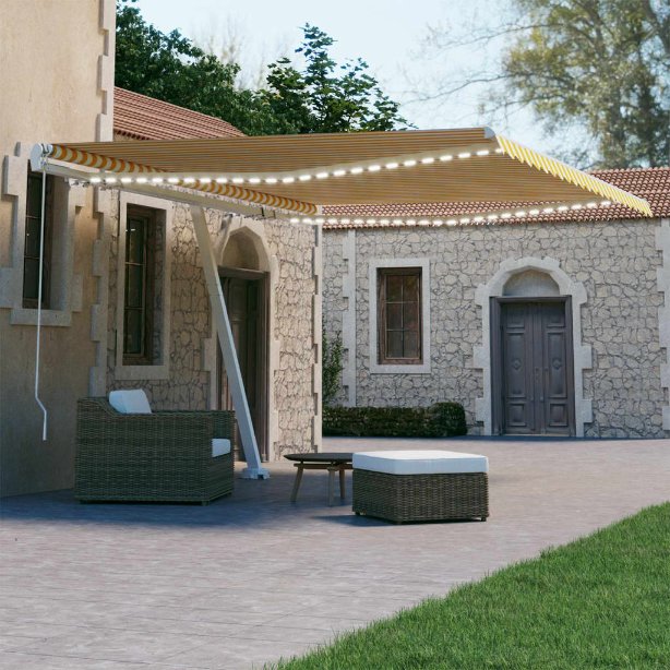 Käsin sisäänkelattava markiisi LEDillä 450x300cm keltavalkoinen