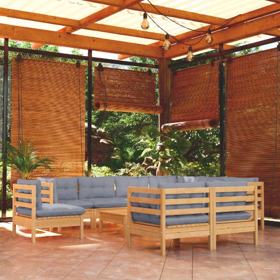 10-osainen Puutarhasohvasarja harmaat tyynyt täysi mänty