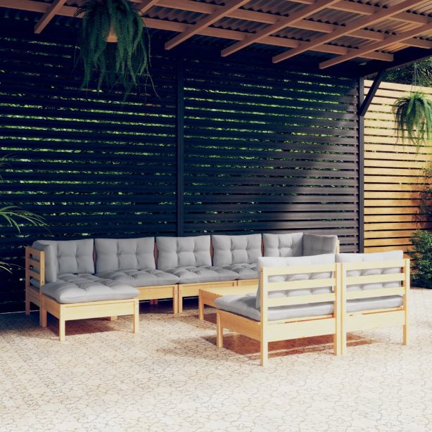 10-osainen Puutarhasohvasarja harmaat tyynyt mänty