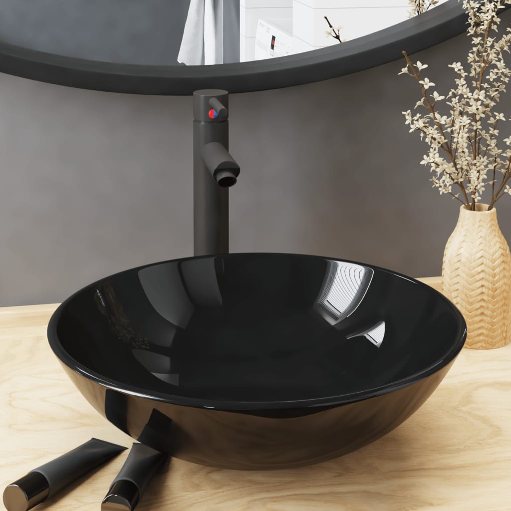 Kylpyhuoneen pesuallas hana ja tulppa musta karkaistu lasi