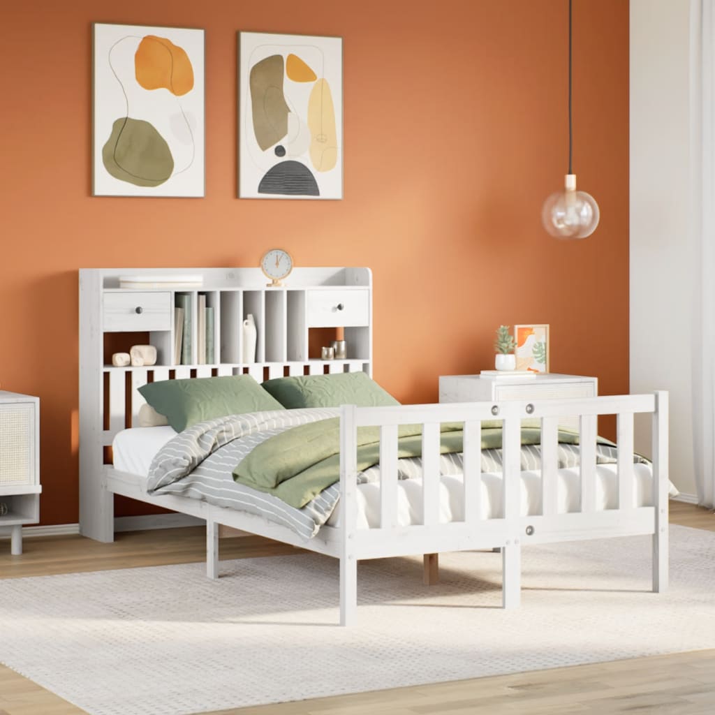 Sänky kirjahyllyllä ei patjaa valkoinen 135x190 cm täysi mänty